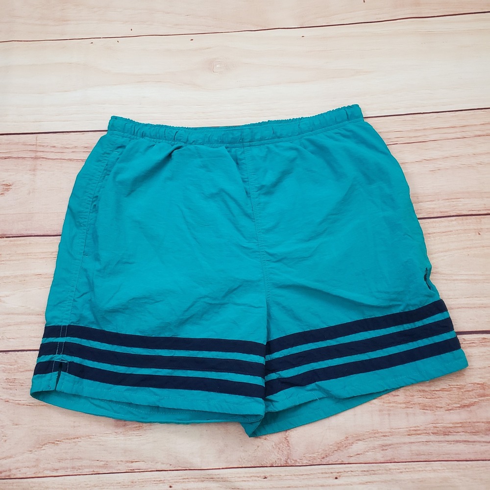 Vintage Points‎ West Swim Trunks Mens Medium Teal Blue Striped Mesh Liner 90s
